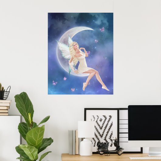 White Butterfly Fairy Moon Poster Print (Thuiskantoor)