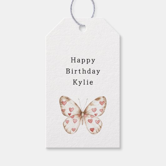 White Butterfly Hearts verjaardag Cadeaulabel (Voorkant)