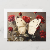 White Butterfly Resting Among Vibrant Red Roses Briefkaart (Voorkant / Achterkant)