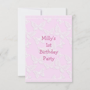 White Butterfly  Roze 1st Birthday Party Kaart