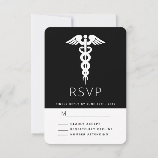 White Caduceus Medical Symbol Afstuderen RSVP Kaartje (Voorkant)