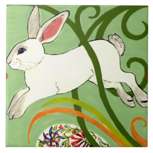 White California Rabbit Green Art Deco Design Tege Tegeltje (Voorkant)