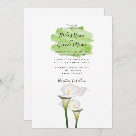 White Calla Lilies Waterverf Wedding Invitations Kaart (Voorkant / Achterkant)