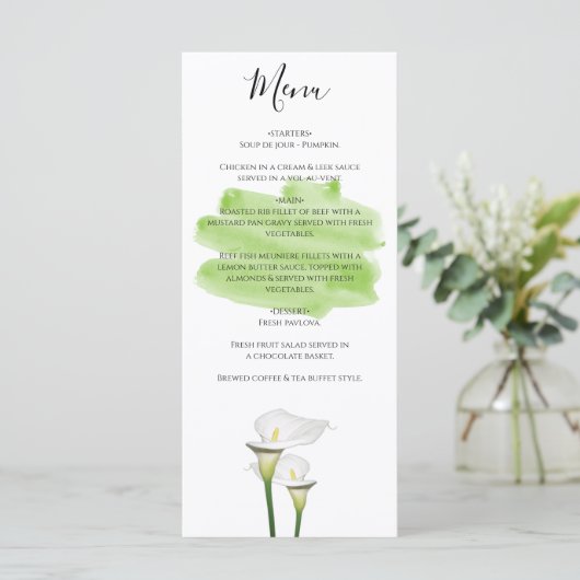White Calla Lilies Waterverf Wedding Menu (Staand voorkant)