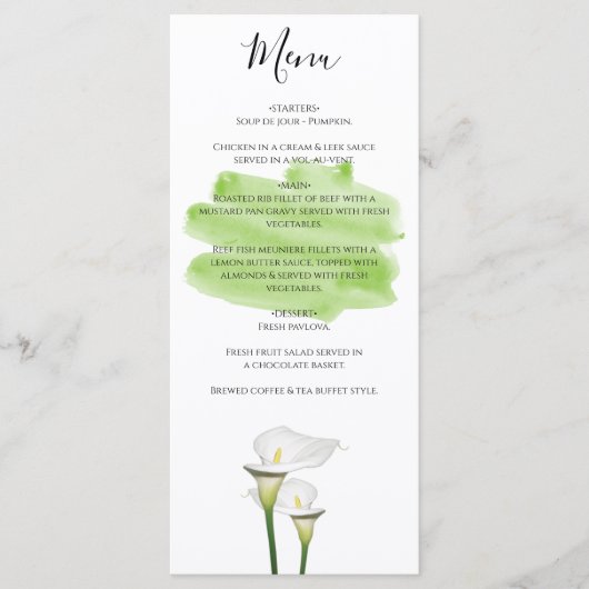 White Calla Lilies Waterverf Wedding Menu (Voorkant)