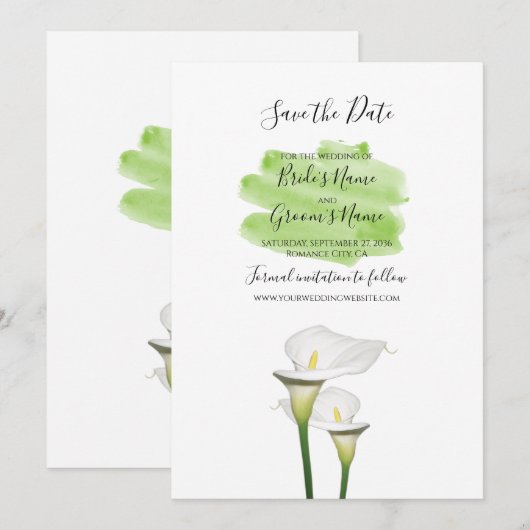 White Calla Lilies Waterverf Wedding Save The Date (Voorkant / Achterkant)