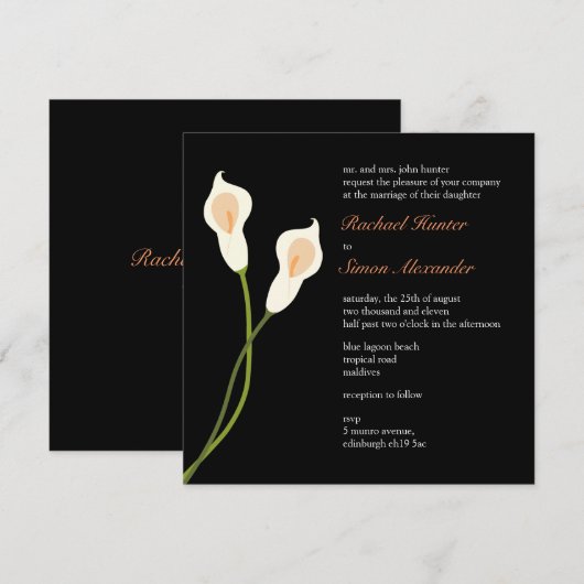 White Calla Lilies Wedding Invitiation - zwart Kaart (Voorkant / Achterkant)