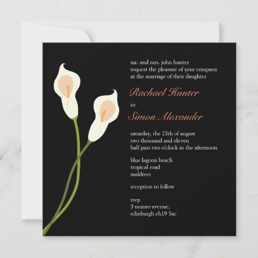 White Calla Lilies Wedding Invitiation - zwart Kaart (Voorkant)