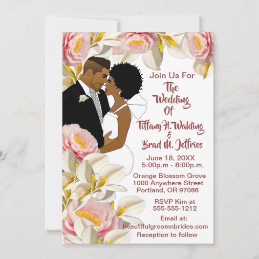 White Calla Lily & Peony Afro-Amerikaanse bruiloft Kaart (Voorkant)