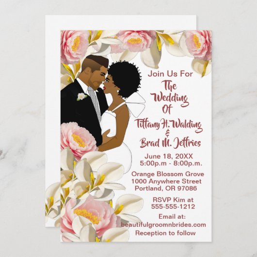 White Calla Lily & Peony Afro-Amerikaanse bruiloft Kaart (Voorkant / Achterkant)