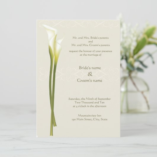 White Calla Lily Wedding Invitation Kaart (Staand voorkant)