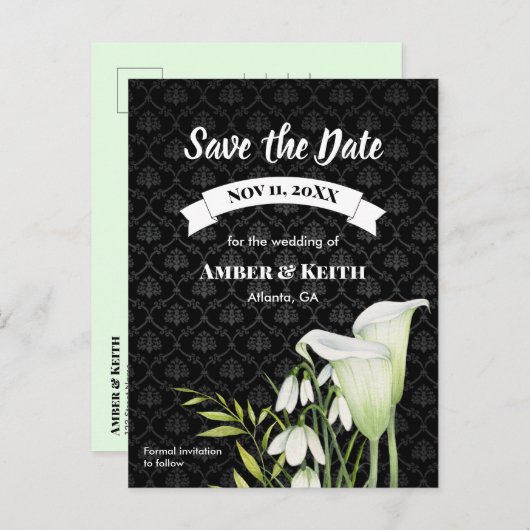 White Calla Snowdrops Weddenschap Save the Date Aankondigingskaart (Voorkant / Achterkant)