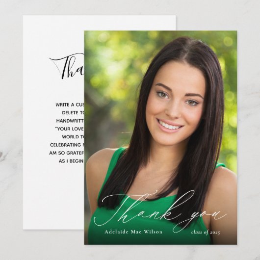 White Calligraphy Afstuderen Dankuwel met foto Bedankkaart (Voorkant / Achterkant)