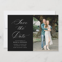 White calligraphy black wedding save the date card kaart