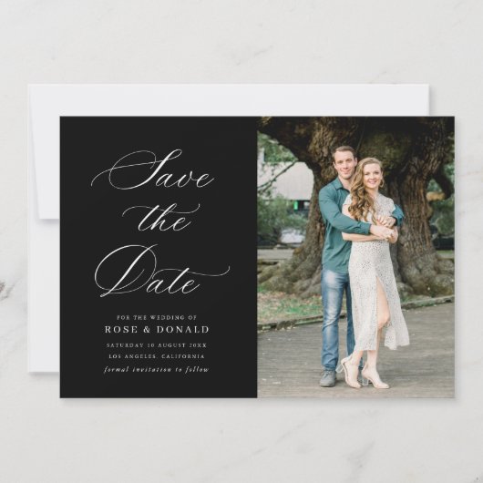 White calligraphy black wedding save the date card kaart (Voorkant)