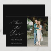 White calligraphy black wedding save the date card kaart (Voorkant / Achterkant)