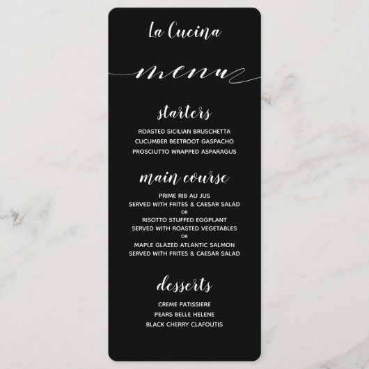 White Calligraphy Classic Black Dinner Menu (Voorkant)