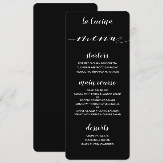 White Calligraphy Classic Black Dinner Menu (Voorkant / Achterkant)