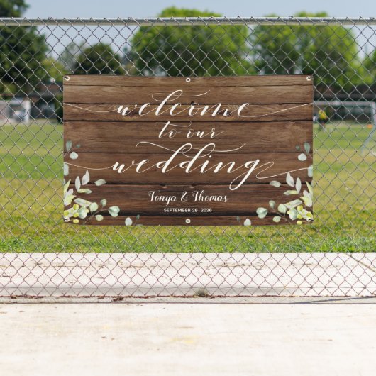 White Calligraphy Greenery Welcome to our Wedding Spandoek (Insitu)