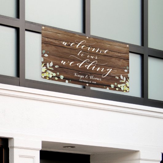 White Calligraphy Greenery Welcome to our Wedding Spandoek (Buitenkant Gebouw)