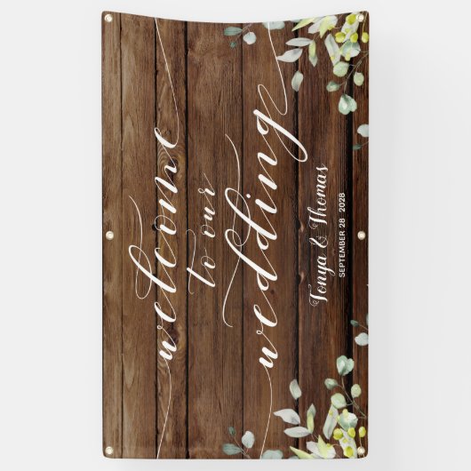 White Calligraphy Greenery Welcome to our Wedding Spandoek (Verticaal)