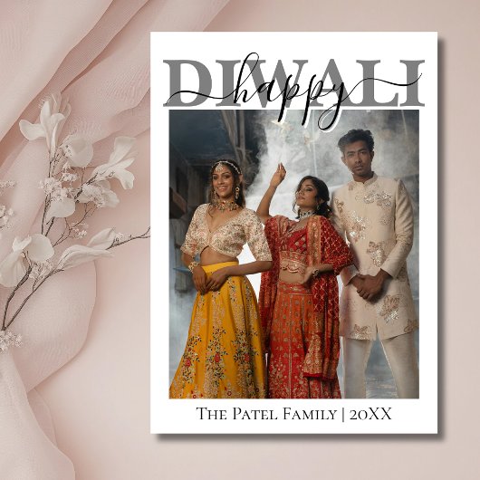 White Calligraphy Photo Happy Diwali Greeting Feestdagenkaart