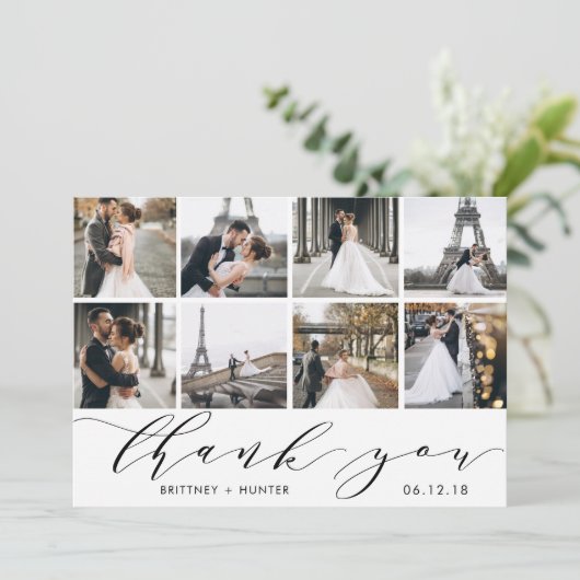 White Calligraphy Script Photo Collage Bedankkaart (Staand voorkant)