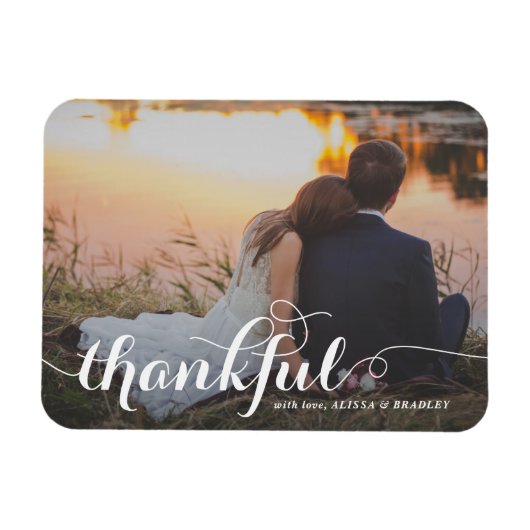 White Calligraphy Script Thankful Photo Wedding Magneet (Horizontaal)