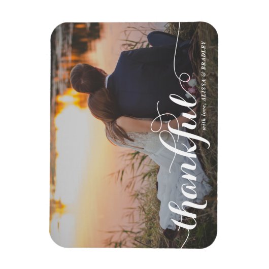 White Calligraphy Script Thankful Photo Wedding Magneet (Verticaal)