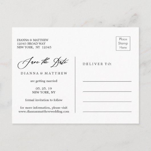 White Calligraphy Wedding Save the Date Photo Aankondigingskaart (Achterkant)