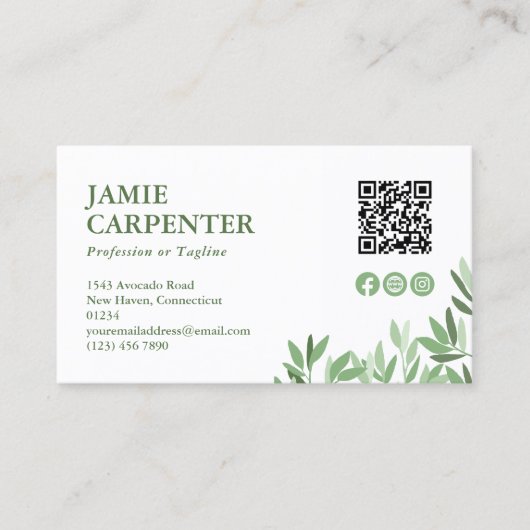 White Calm Greenery QR Code Foto Sociale Media Visitekaartje (Voorkant)