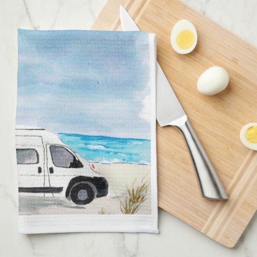 White Camper Van Kitchen Towel RV Theme Theedoek (Quarter Fold)