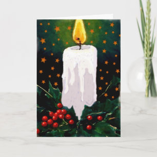 White Candle, Holly Berries, Stars: Christmas Feestdagen Kaart