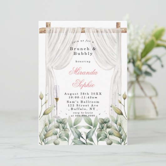White Canopy Pink Florals Brunch & Bubble Invites Kaart (Staand voorkant)