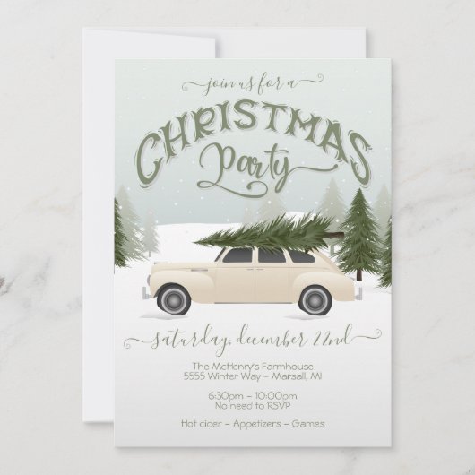 White Car Chistmas Tree Party Kaart (Voorkant)
