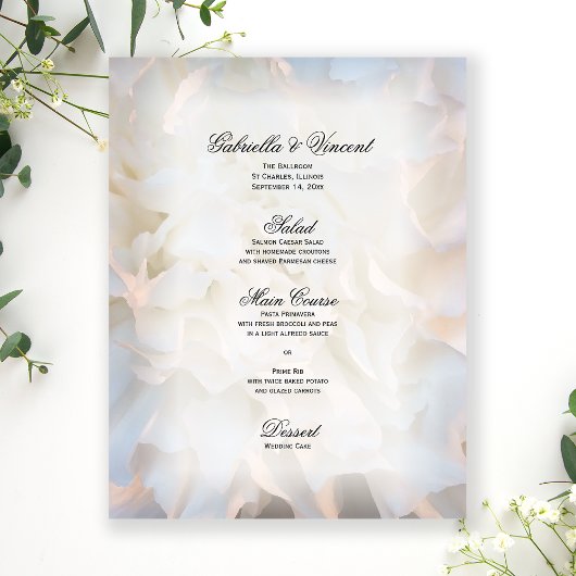 White Carnance Floral Wedding Menu