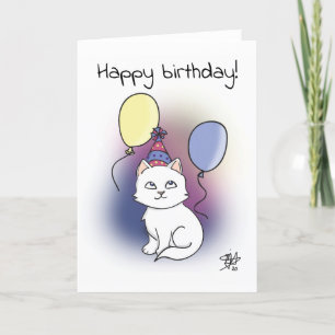 White Cartoon Cat met Balloons Happy Birthday Kaart