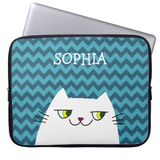 White Cat and Blue Zig Zag Monogrammed Laptop Sleeve