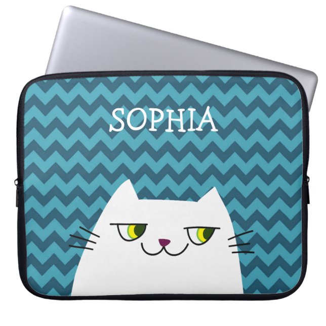 White Cat and Blue Zig Zag Monogrammed Laptop Sleeve (Voorkant)
