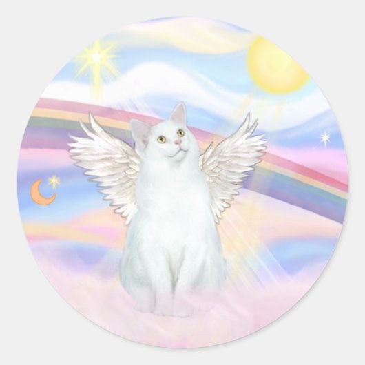 White Cat Angel in Clouds Ronde Sticker (Voorkant)