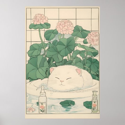 White Cat Bathtub Print, Ukiyo-e Japanese Art Poster (Voorkant)