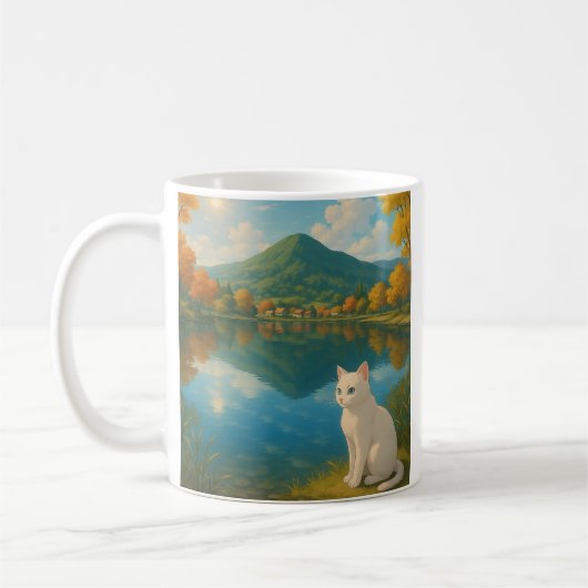 White Cat by the Lake – Serene Natuur Mok voor kat (Links)
