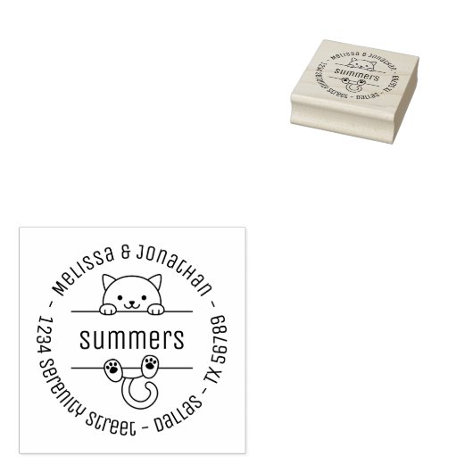 White Cat Couple Family Round Address 2 Rubberstempel (Gestempeld)