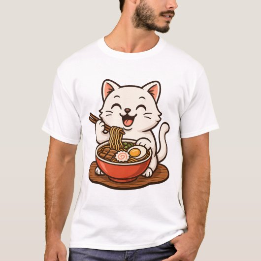 White Cat Eating Ramen T-shirt (Voorkant)