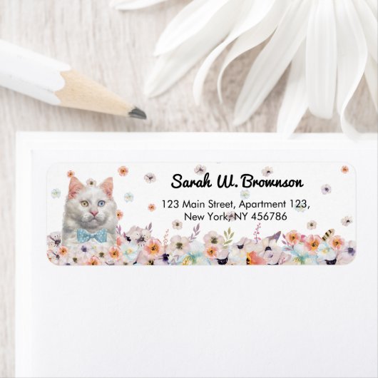 White Cat Flowers Blue Bow Stropdas Etiket (Insitu)