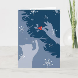 White Cat & Holly, in middernacht, Holiday/xmas Ca Kaart
