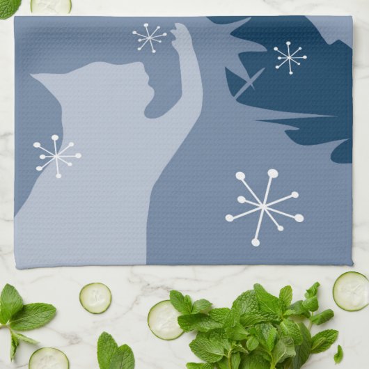 White Cat & Holly, middernacht blauw, theehanddoek Theedoek (Gevouwen)