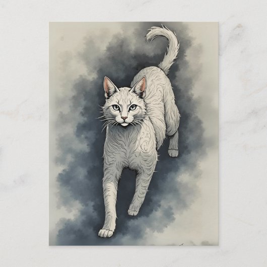 White Cat in a Chinese Ink Drawing Style Briefkaart (Voorkant)