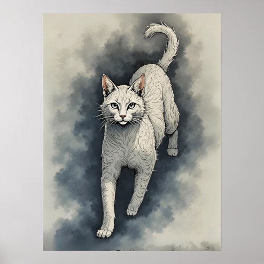 White Cat in a Chinese Ink Drawing Style Poster (Voorkant)