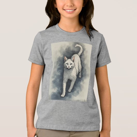 White Cat in a Chinese Ink Drawing Style Tri-Blend Shirt (Voorkant)